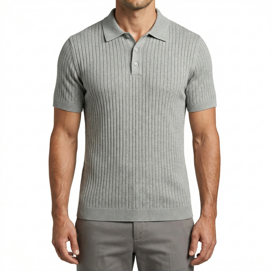 Spring Ribbed Polo Shirt Men – Slim Fit Stretch Polo – Beige Grey Green Black – Casual Smart Men’s Top
