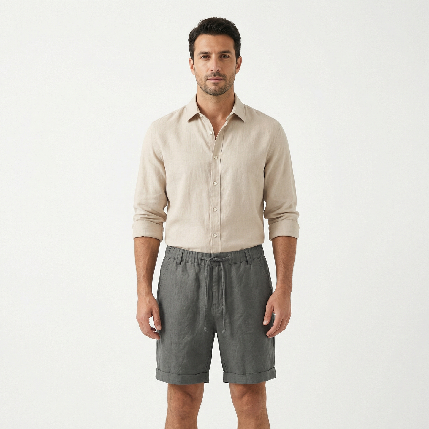 Cotton and Linen Shorts for Men – Summer Lightweight Shorts – Elastic Waist Drawstring Casual Shorts in Black Grey Blue Beige and White