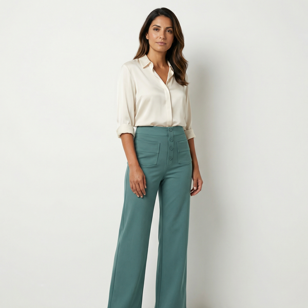 Women’s High Waist Wide Leg Trousers – Button Front Pocket Design – Casual Office and Everyday Wear in Teal Green and Dusty Pink