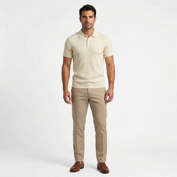 Spring Ribbed Polo Shirt Men – Slim Fit Stretch Polo – Beige Grey Green Black – Casual Smart Men’s Top