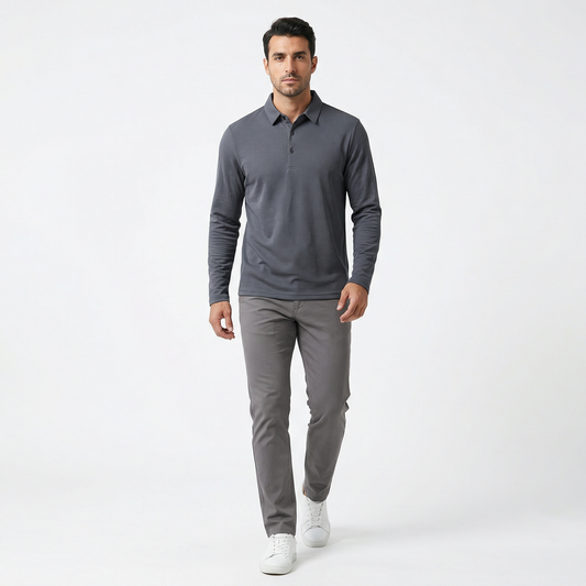 Men Spring Long Sleeve Polo Shirt - Cotton Blend - Slim Fit Casual Business Top