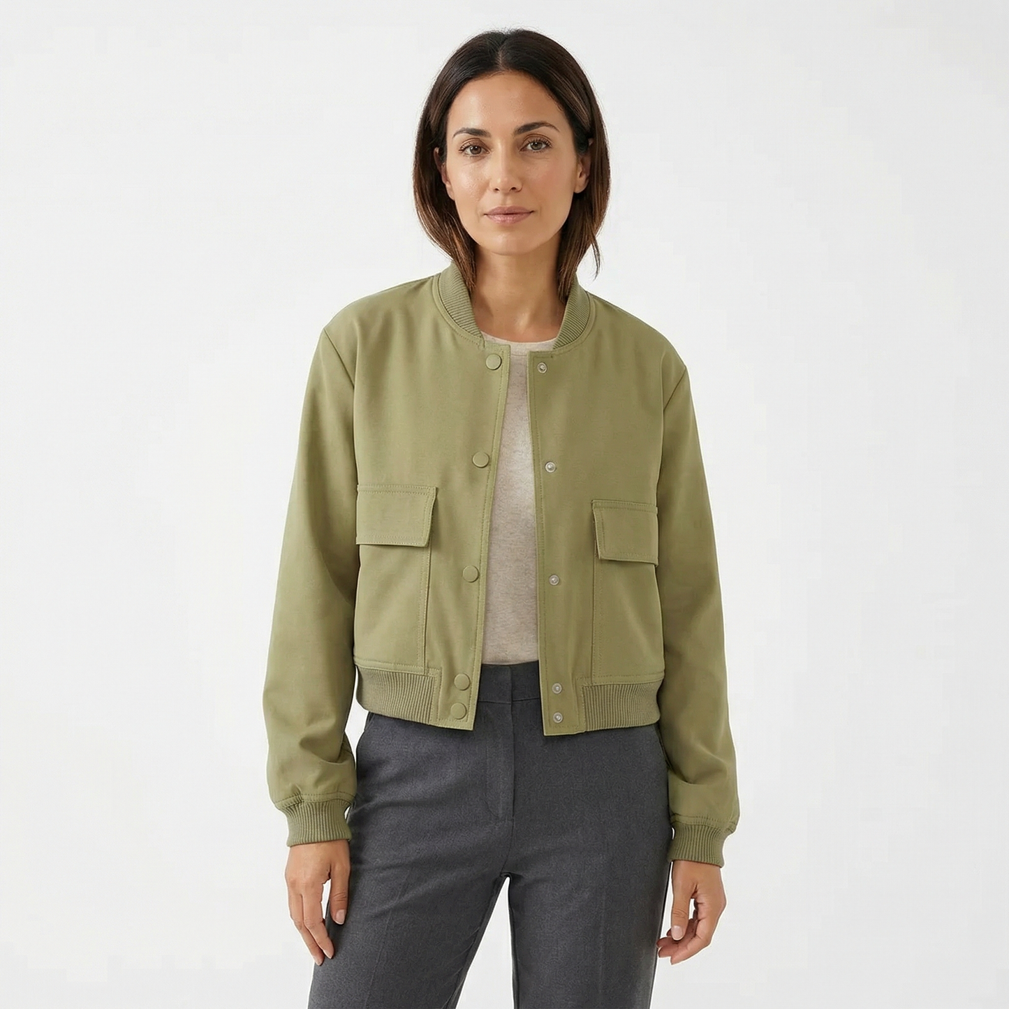 Women’s Spring Jacket – Lightweight Cropped Bomber Style – Casual Everyday Outerwear with Button Closure and Front Pockets