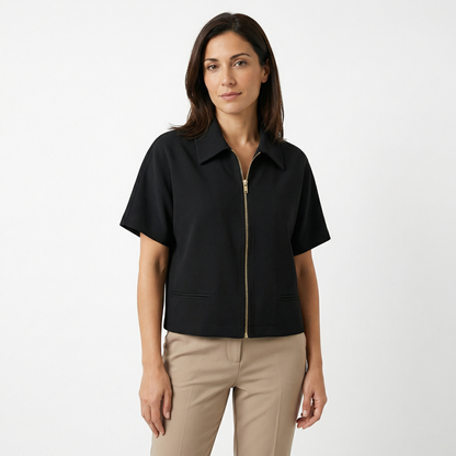 Women’s Spring Jacket – Short Sleeve Zip Jacket – Lightweight Cropped Outerwear in Light Yellow Black Burgundy and White