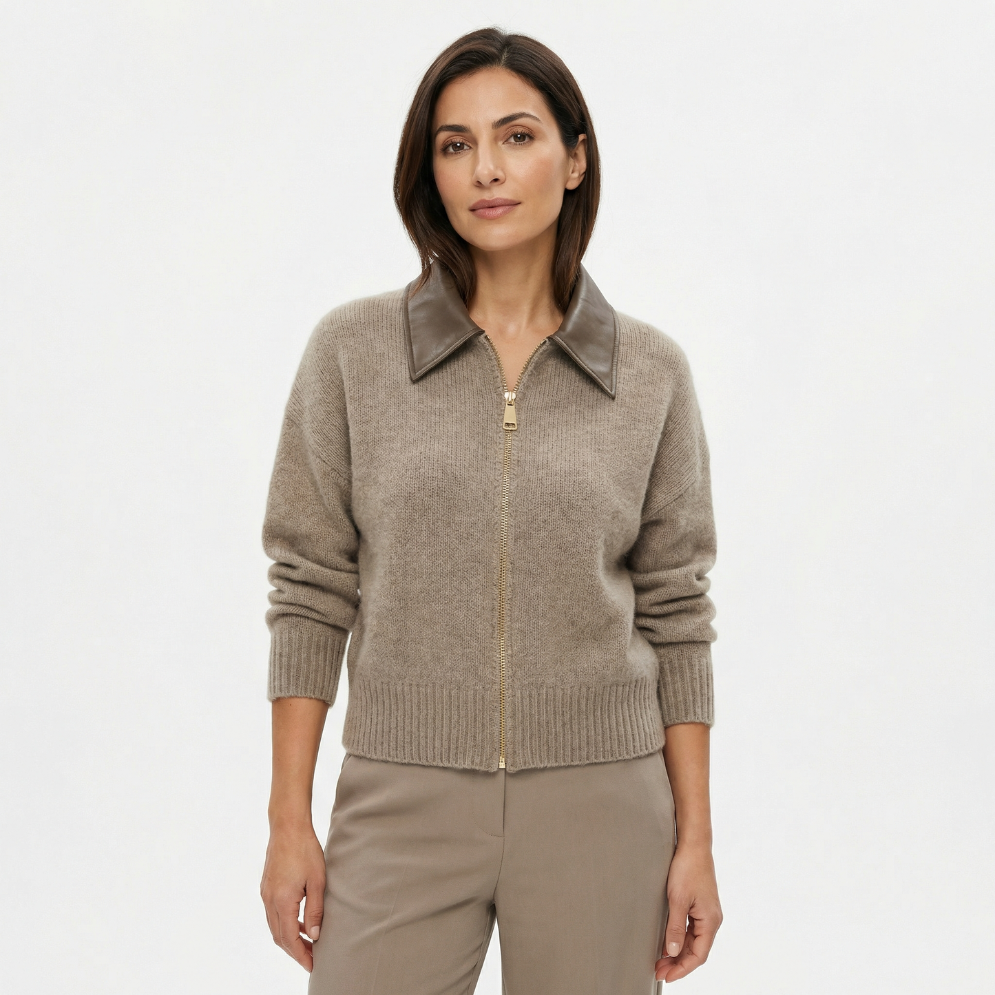 Women’s Cropped Knit Cardigan – Zip Front Leather Collar – Spring Casual Everyday Layer in Beige and Taupe