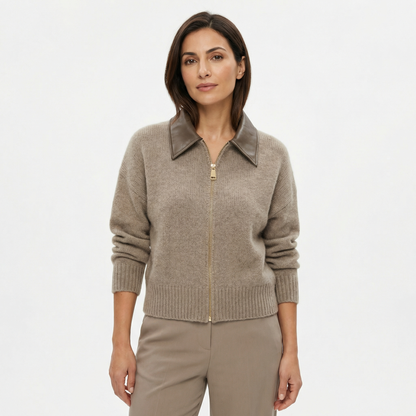 Women’s Cropped Knit Cardigan – Zip Front Leather Collar – Spring Casual Everyday Layer in Beige and Taupe