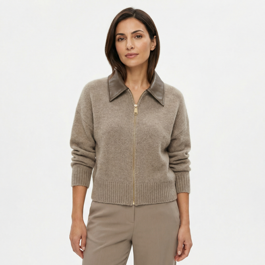 Women’s Cropped Knit Cardigan – Zip Front Leather Collar – Spring Casual Everyday Layer in Beige and Taupe