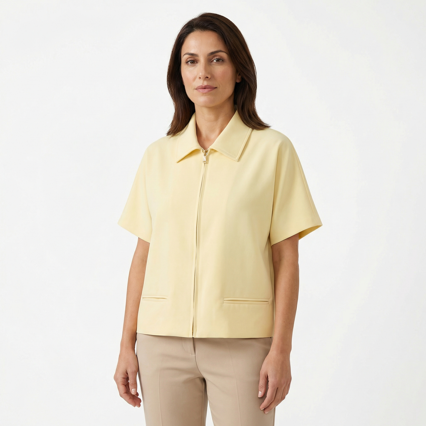 Women’s Spring Jacket – Short Sleeve Zip Jacket – Lightweight Cropped Outerwear in Light Yellow Black Burgundy and White