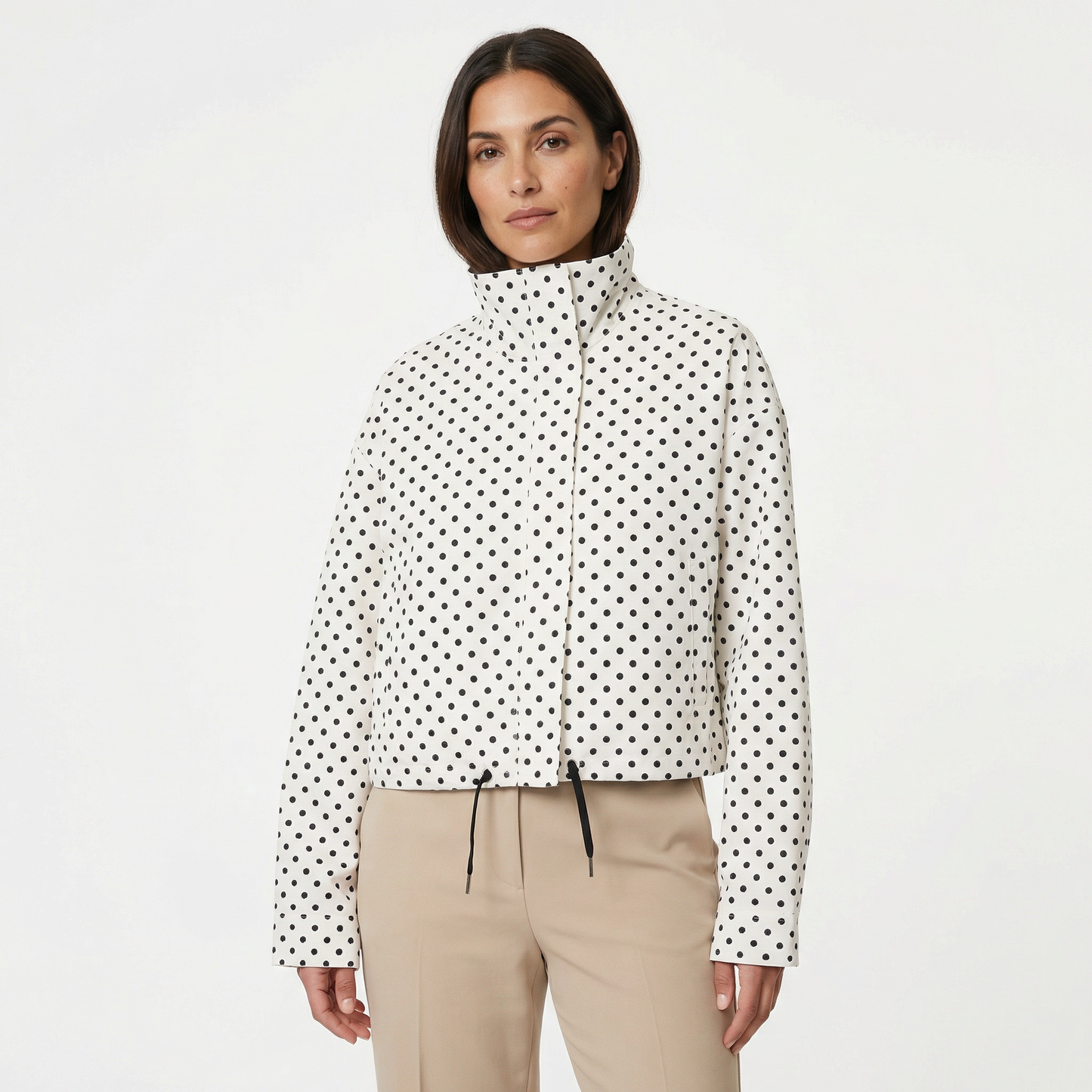 Women’s Polka Dot Cropped Jacket – High Neck Design – Lightweight Spring Layer in White with Black Dots