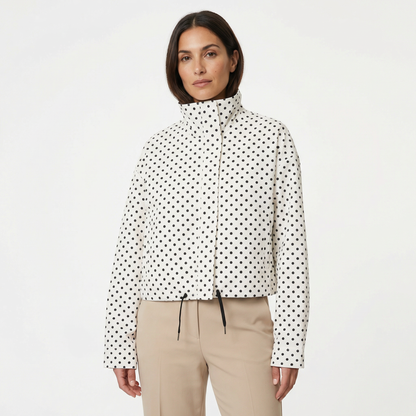 Women’s Polka Dot Cropped Jacket – High Neck Design – Lightweight Spring Layer in White with Black Dots