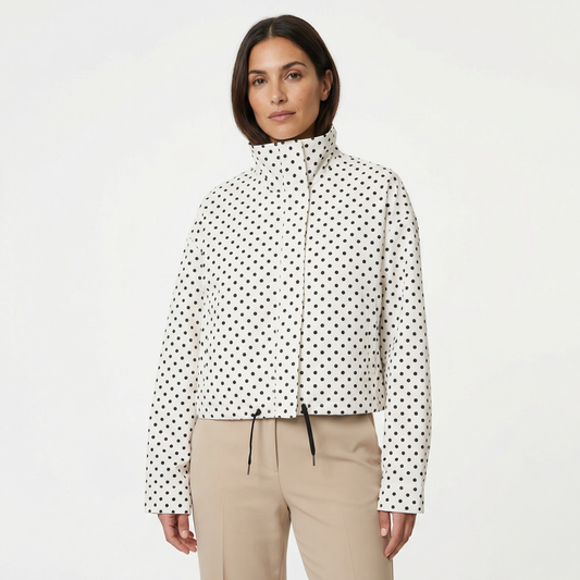 Women’s Polka Dot Cropped Jacket – High Neck Design – Lightweight Spring Layer in White with Black Dots