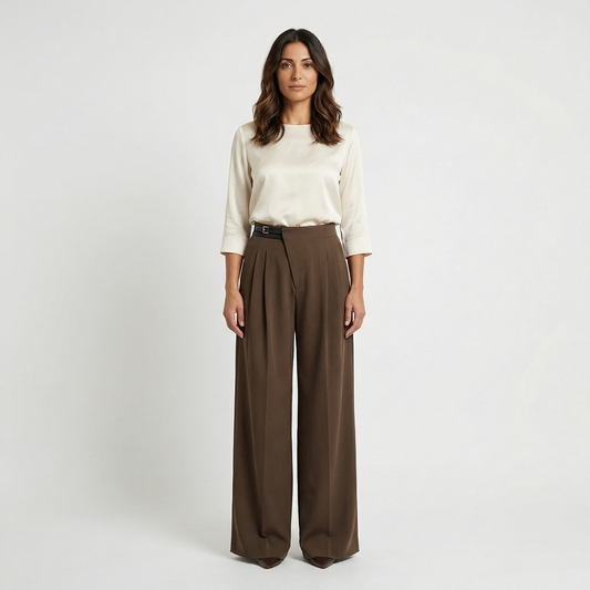 Women’s High Waist Wide Leg Trousers – Tailored Pleated Design – Business Casual and Everyday Office Wear in Brown and Beige