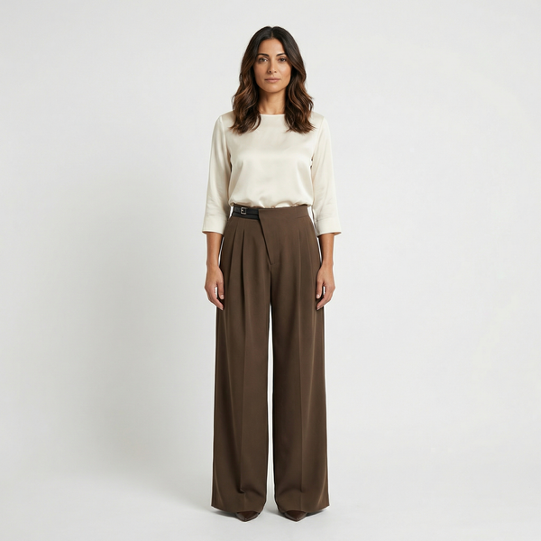 Women’s High Waist Wide Leg Trousers – Tailored Pleated Design – Business Casual and Everyday Office Wear in Brown and Beige