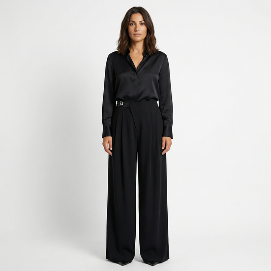 Women’s High Waist Wide Leg Trousers – Tailored Pleated Fit Design – Business Casual and Office Wear in Black Dark Green Dusty Pink Charcoal Gray and Burgundy