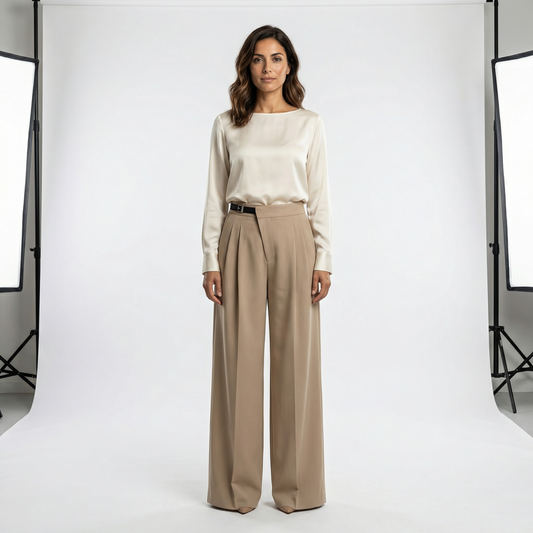 Women’s High Waist Wide Leg Trousers – Tailored Pleated Design – Business Casual and Everyday Office Wear in Brown and Beige