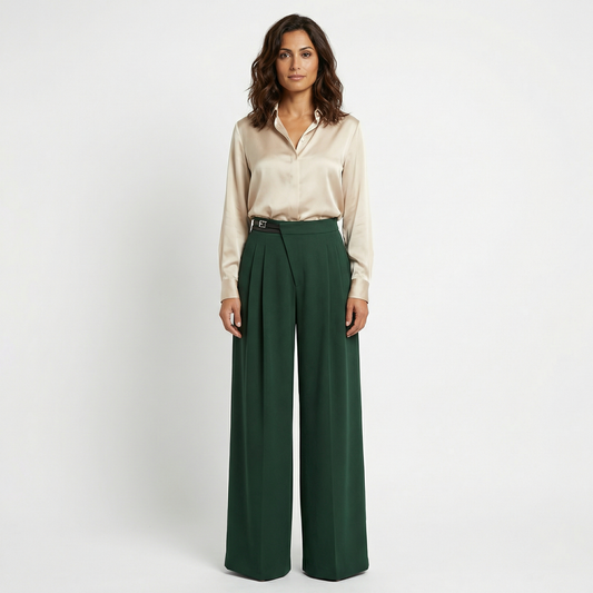 Women’s High Waist Wide Leg Trousers – Tailored Pleated Fit Design – Business Casual and Office Wear in Black Dark Green Dusty Pink Charcoal Gray and Burgundy