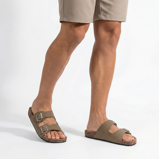 Men Sandals - Double Buckle Cork Footbed Slides - Brown Beige Taupe - Casual Summer Walking Shoes