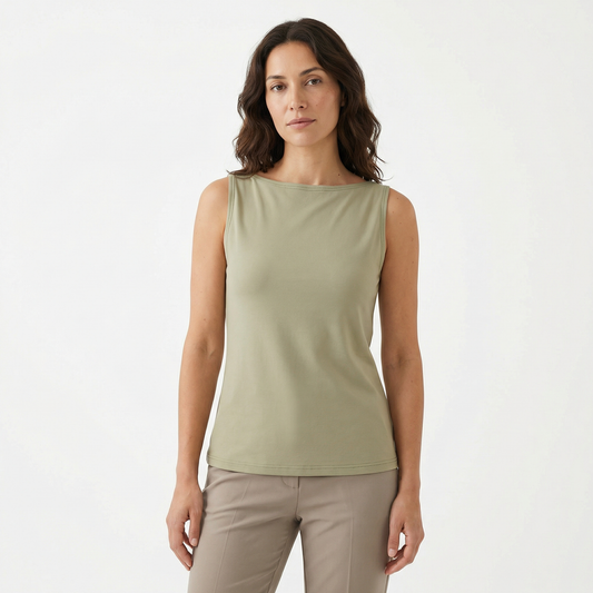 Spring Cotton Boatneck Top - Black Grey Olive White - Women Sleeveless Summer Shirt