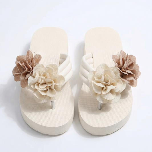 Spring Floral Flip Flops Sandals - Beige Cream Nude - Women Platform Summer Beach Shoes