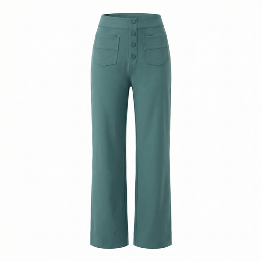 Women’s High Waist Wide Leg Trousers – Button Front Pocket Design – Casual Office and Everyday Wear in Teal Green and Dusty Pink