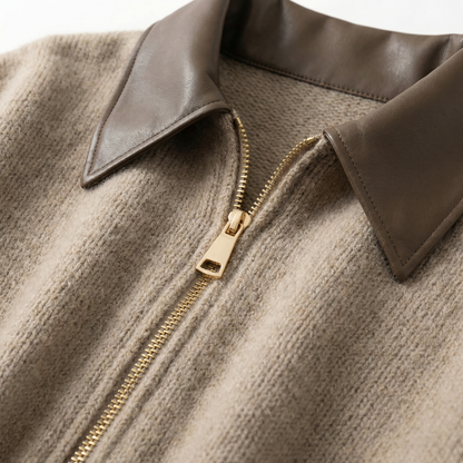 Women’s Cropped Knit Cardigan – Zip Front Leather Collar – Spring Casual Everyday Layer in Beige and Taupe