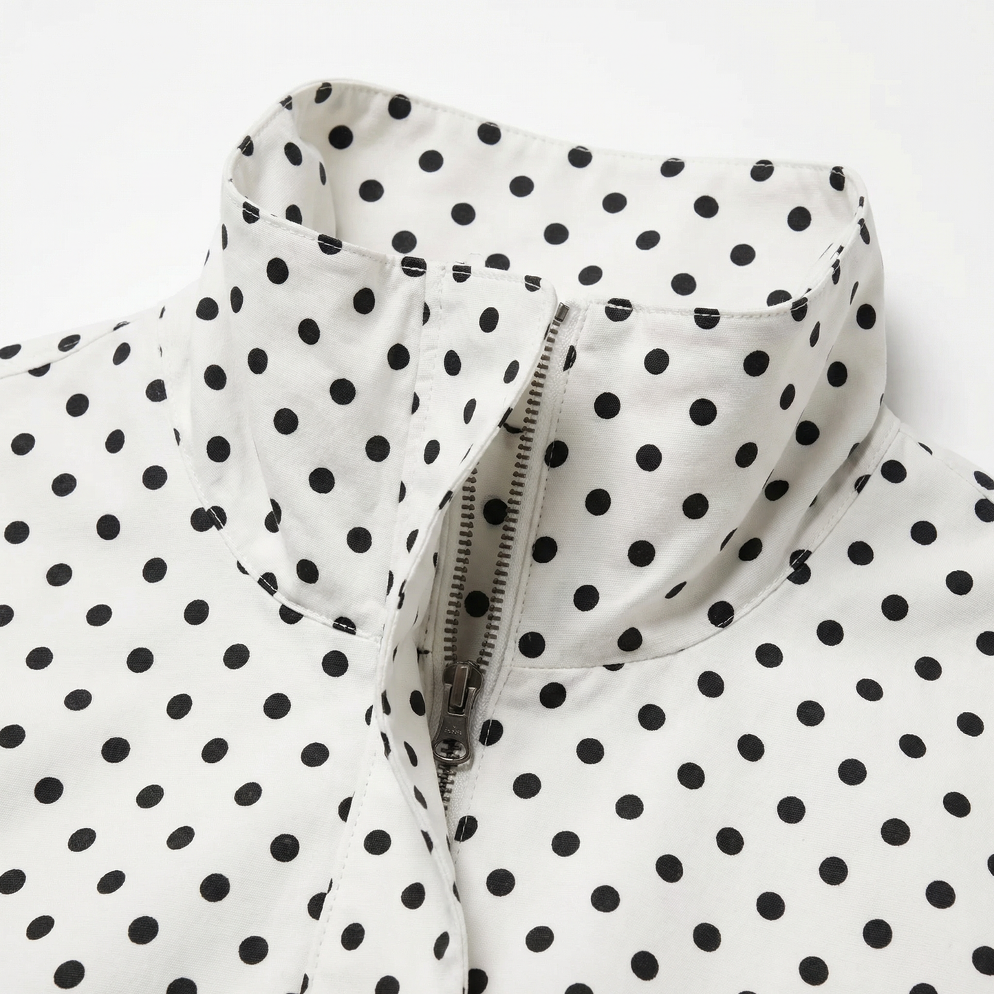 Women’s Polka Dot Cropped Jacket – High Neck Design – Lightweight Spring Layer in White with Black Dots