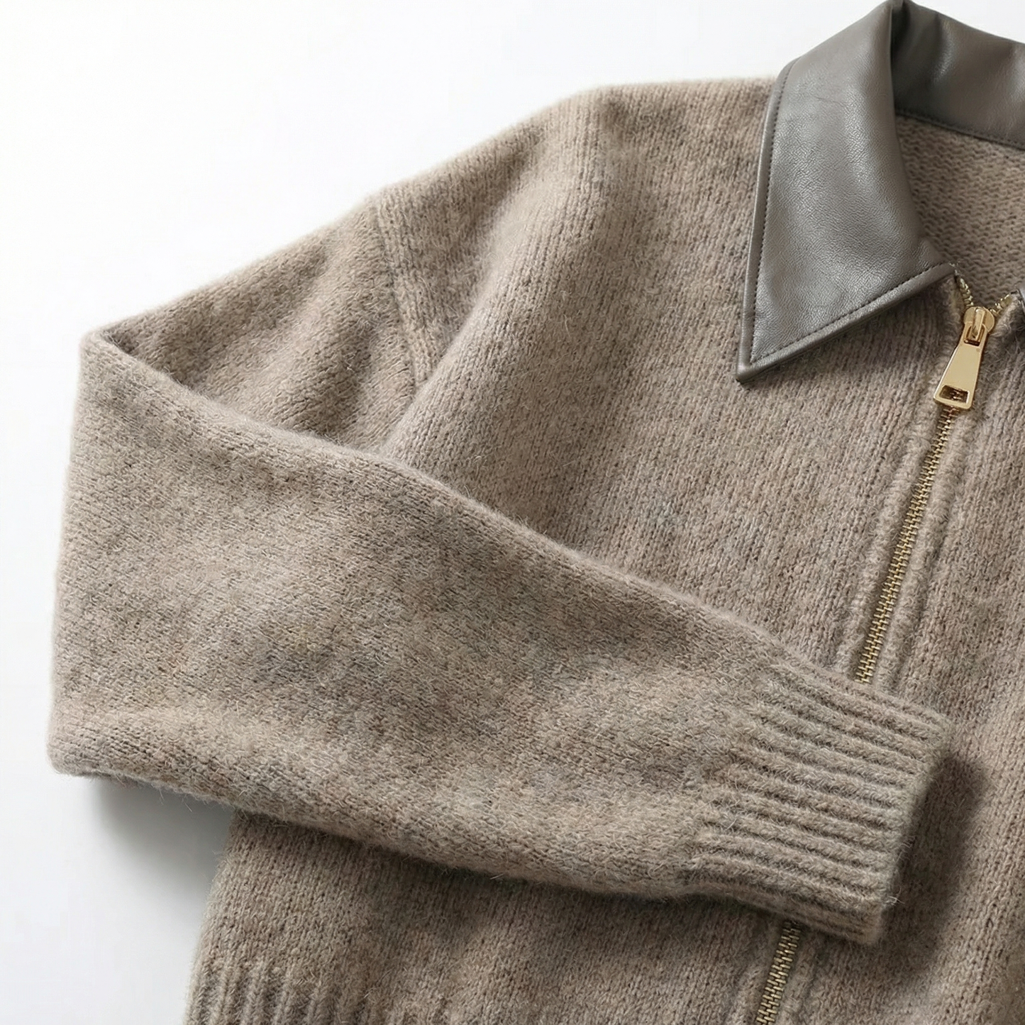 Women’s Cropped Knit Cardigan – Zip Front Leather Collar – Spring Casual Everyday Layer in Beige and Taupe