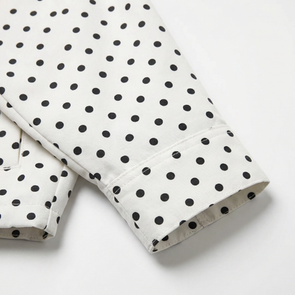 Women’s Polka Dot Cropped Jacket – High Neck Design – Lightweight Spring Layer in White with Black Dots