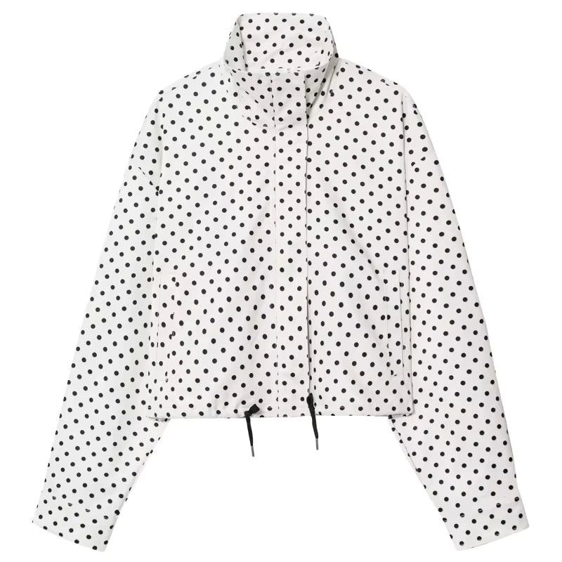 Women’s Polka Dot Cropped Jacket – High Neck Design – Lightweight Spring Layer in White with Black Dots