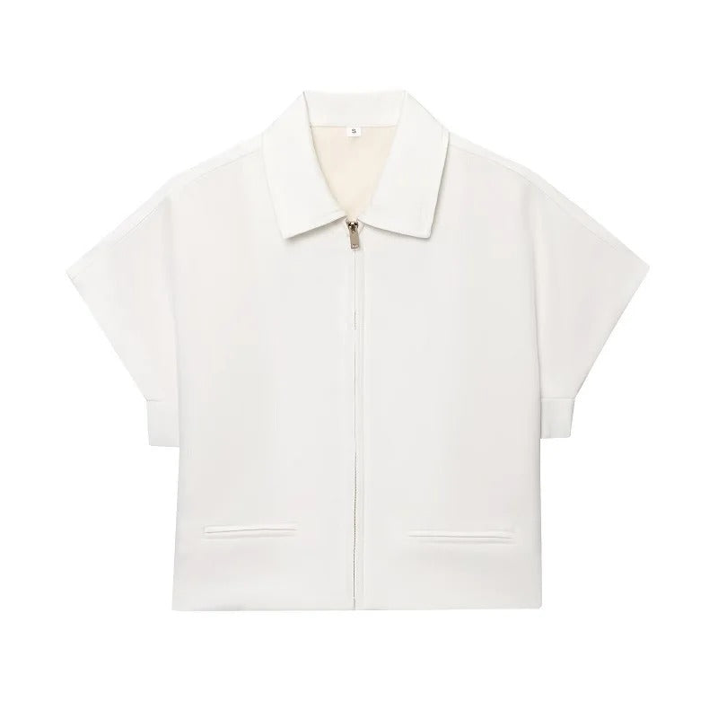 Women’s Spring Jacket – Short Sleeve Zip Jacket – Lightweight Cropped Outerwear in Light Yellow Black Burgundy and White